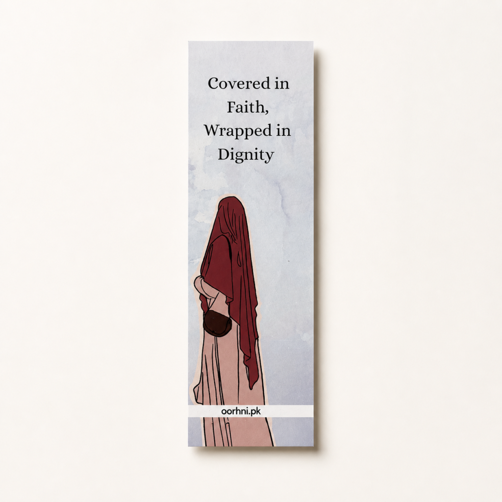 “Covered in faith” hijabi bookmark by oorhni, front view