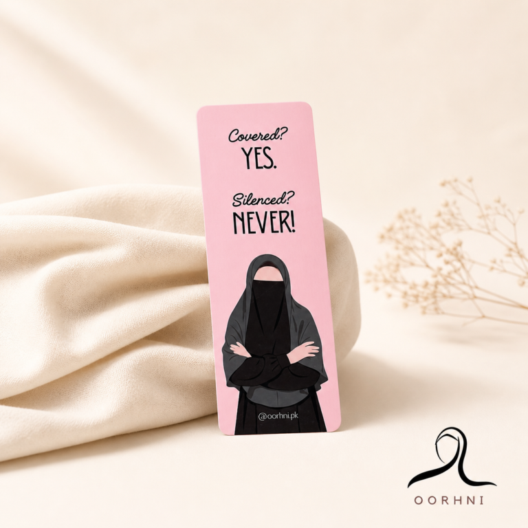 “Covered? Yes. Silenced? Never.” hijabi bookmark by oorhni, styled photo