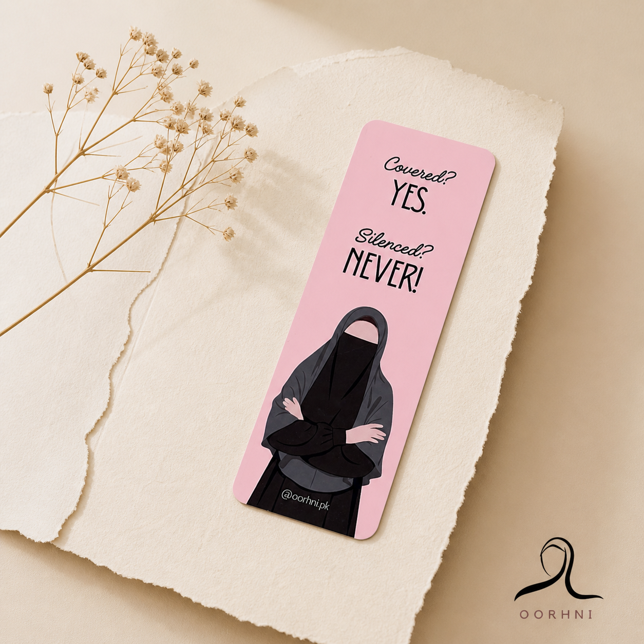 “Covered? Yes. Silenced? Never.” hijabi bookmark by oorhni, styled photo