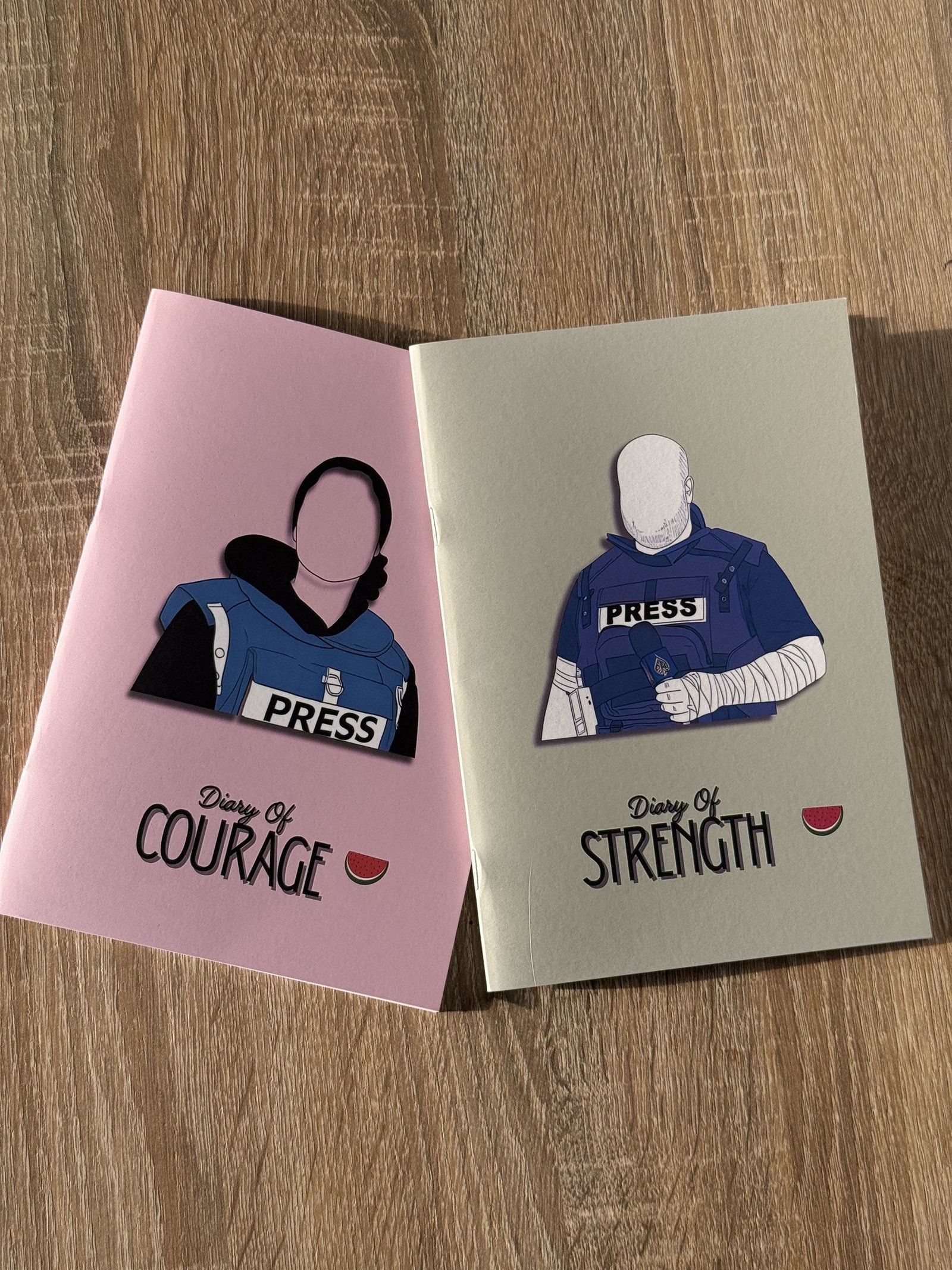 All five Falasteen Diaries laid flat: bravery, resistance, patience, strength and courage