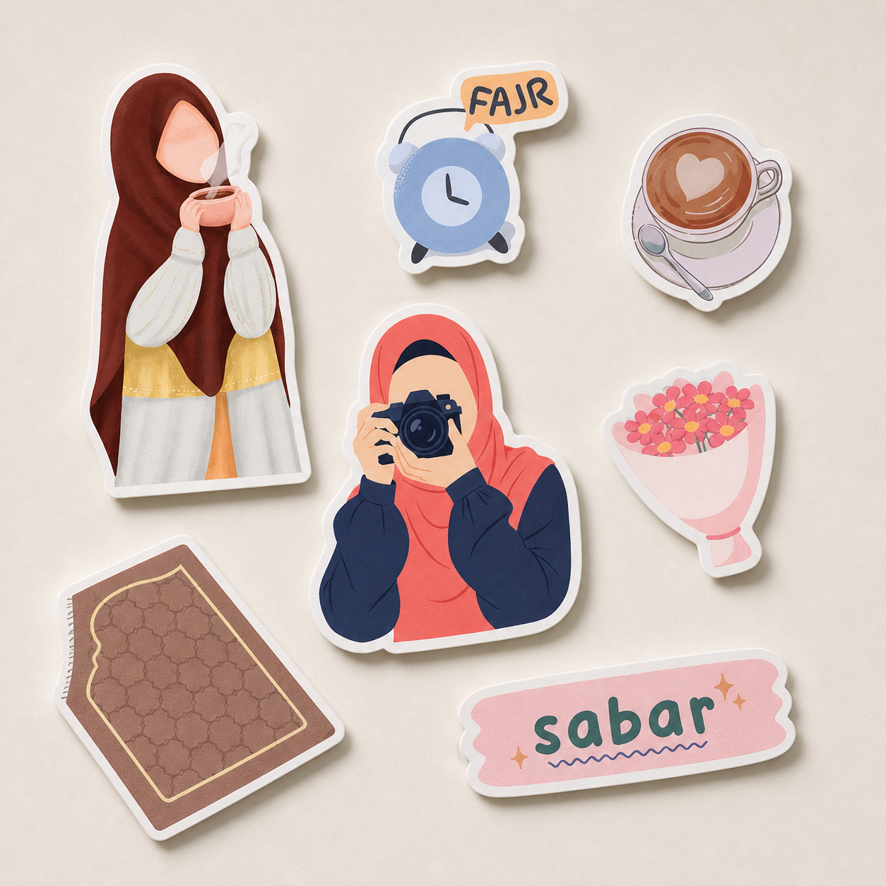 Modest Girl sticker sheet by oorhni, Fajr, coffee and prayer mat close-up