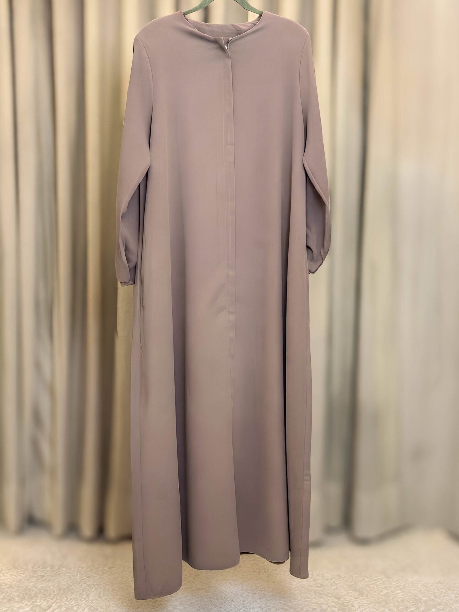 Beige Selma Winter Turkish abaya in waffle-weave cotton, full length, front, without a hijab