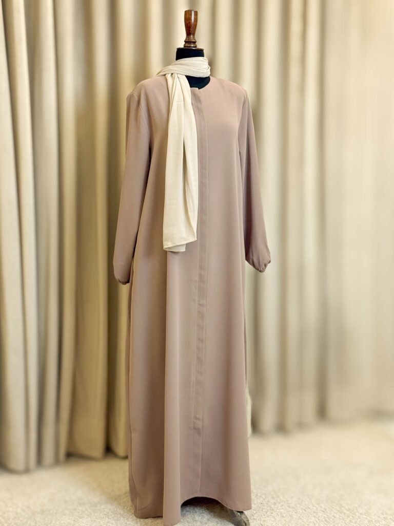 Beige Selma Winter Turkish abaya in waffle-weave cotton, full-length front view with an ivory hijab